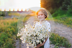 Cute smiling boy at camomile field at sunset in soft sunlight. Boy and daisies.