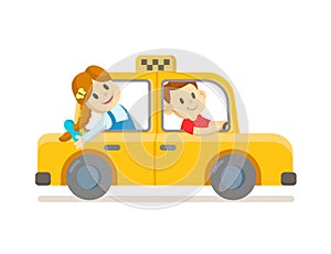 Cute smiling boy and girl riding in yellow taxi cab. Flat vector illustration, isolated on white background.