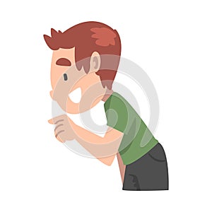 Cute Smiling Boy Pointing with his Finger Cartoon Style Vector Illustration