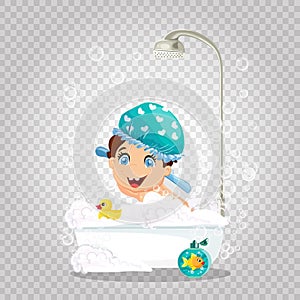 Cute Smiling Boy in Washing Hat Taking Bath