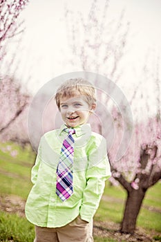 Cute smiling boy wearing tie in Spring