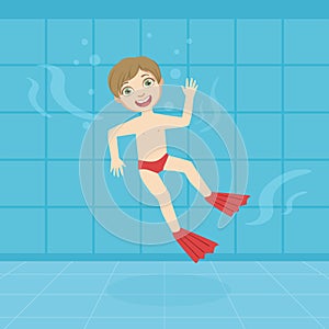 Cute Smiling Boys Swimming in a Pool with Flippers Cartoon Vector illustration