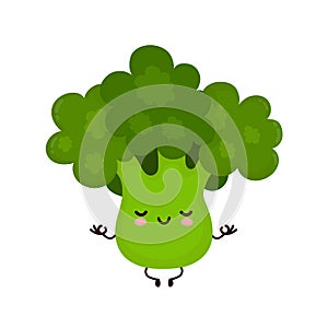 Cute smiling broccoli meditate in yoga pose.