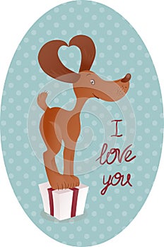 Cute smiling brown dog standing on the gift box. Background with dots and red lettering