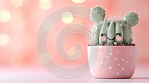 Cute Smiling Cactus in Pink Pot with Bokeh Background