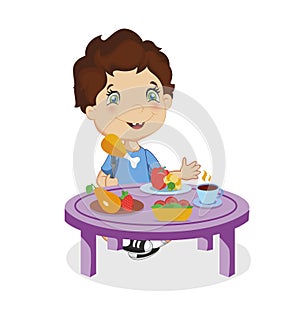 Cute Smiling Cartoon Boy Eat Chiken at Table