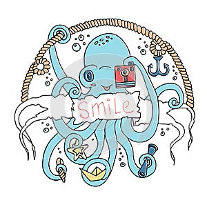 Cute smiling cartoon octopus with a camera.