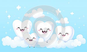 Cute smiling cartoon teeth family with soft foam bubbles with copy space