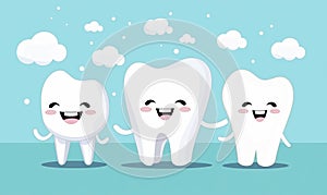 Cute smiling cartoon teeth family with soft foam bubbles with copy space