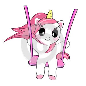 A cute smiling cartoon unicorn swings on a swing. Sticker