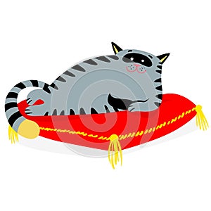 Cute smiling cat lying on the red pillow. Lazy feline cartoon ca