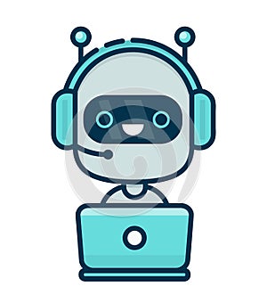 Cute smiling chat bot working in headphones