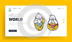 Cute Smiling Children Male and Female Characters Landing Page Template. Newborn Baby Couple Swaddled Little Boy or Girl