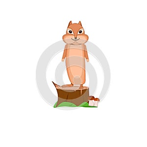 Cute smiling chipmunk stands on a tree stump