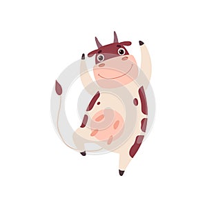 Cute Smiling Cow Dancing, Funny Farm Animal Cartoon Character Vector Illustration