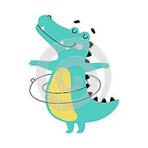 Cute Smiling Crocodile with Inflatable Ring, Funny Alligator Predator Animal Character Cartoon Style Vector Illustration