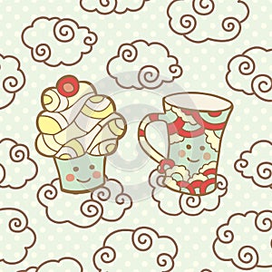 Cute smiling cupcake and cup on clouds.