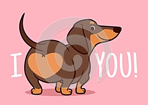 Cute smiling dachshund puppy dog  cartoon illustration isolated on pink background. Funny