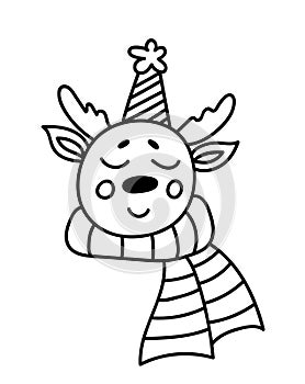 Cute smiling deer in a festive hat with a pompom and a scarf