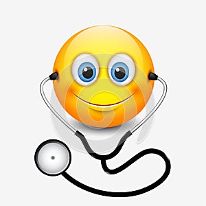 Cute smiling doctor emoticon wearing stethoscope, emoji, smiley - vector illustration