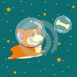 Cute smiling dog dressed in spacesuit is flying in outer space using, on starry space background. photo