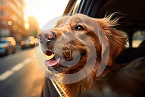 Cute smiling dog is ready to travel, looks out of the open car window. Dog sticking his head out of the car window. Generative AI
