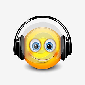 Cute smiling emoticon with black headset, emoji, smiley - vector illustration