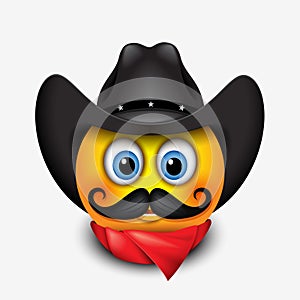 Cute smiling emoticon with mustache wearing cowboy hat and red scarf emoji, smiley - vector illustration photo