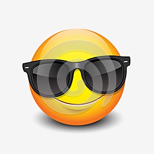 Cute smiling emoticon wearing black sunglasses, emoji, smiley - vector illustration