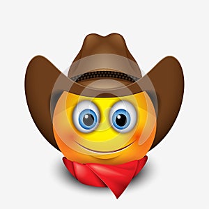 Cute smiling emoticon wearing cowboy hat, emoji, smiley - vector illustration photo