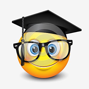 Cute smiling emoticon wearing mortar board and eyeglasses, , emoji, smiley - vector illustration
