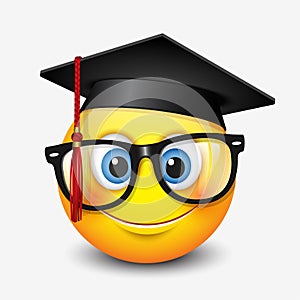 Cute smiling emoticon wearing mortar board and eyeglasses, , emoji, smiley - vector illustration