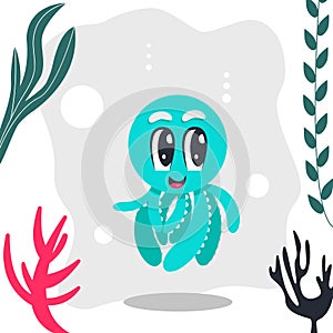Cute smiling friendly octopus swims, children concept