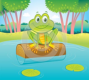 Cute Smiling Frog Sitting On Top Of A Log In A Pond