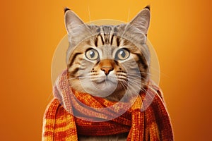 Cute smiling ginger cat wearing in orange warm knitted scarf on clear bright background.