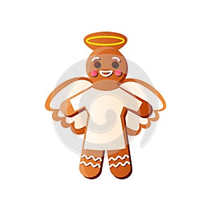 Cute smiling gingerbread angel with white milk cream