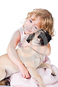 Cute smiling girl with lovely dog isolated