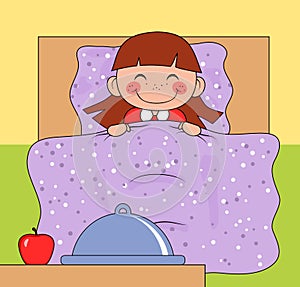 Cute smiling girl lying in a bed. There are meal and red apple by the bed. Cartoon style