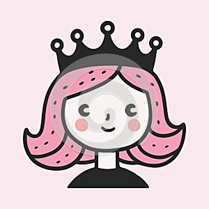 Cute smiling girl with pink hair and crown. Little princess icon. Simple vector illustration.