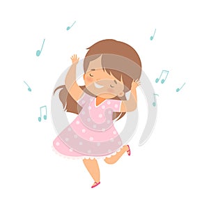 Cute Smiling Girl Singing and Dancing, Adorable Kid Having Fun and Enjoying Listening to Music Cartoon Vector