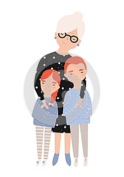 Cute smiling grandmother cuddling her grandson and granddaughter. Portrait of granny and grandchildren. Adorable cartoon