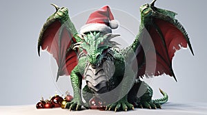 Cute smiling green oriental dragon with wings in red Santa Claus Christmas hat on a light background