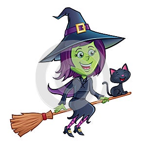 Cute Smiling Green Witch Riding Broomstick With Black Cat