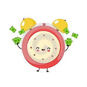 Cute smiling happy alarm time clock with money