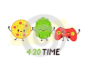 Cute smiling happy pizza,weed bud and joystick