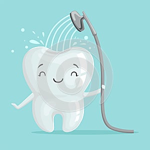 Cute smiling healthy white cartoon tooth character taking a shower, oral dental hygiene, childrens dentistry concept