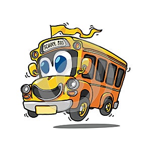 Cute smiling hurrying yellow school bus
