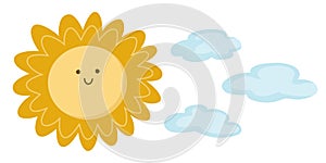 Cute smiling kawaii sun and clouds icon.