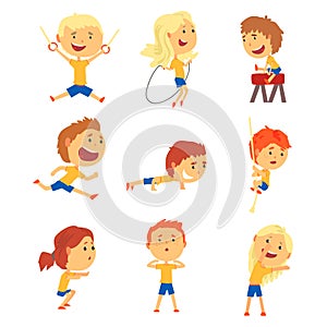 Cute smiling kids doing sports set. Activity kids playing cartoon colorful cartoon Illustrations