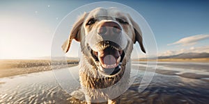 cute smiling Labrador Retriever dog with funny expression on its face posing on a beach. Generative AI